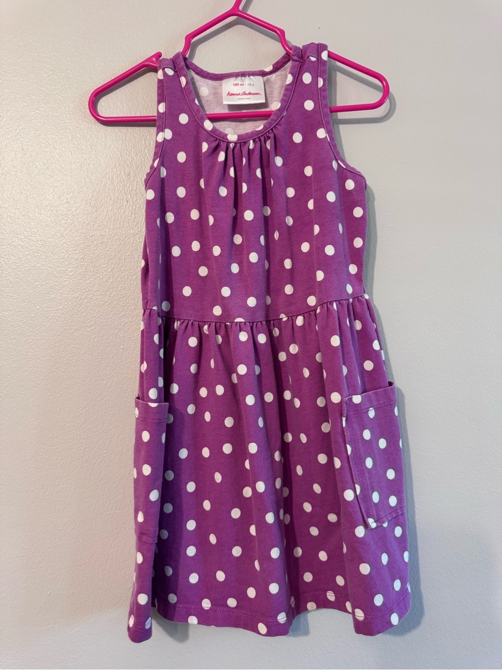 Hanna Andersson Girls Size 4 Purple Polka Dot Sleeveless Pocket Dress